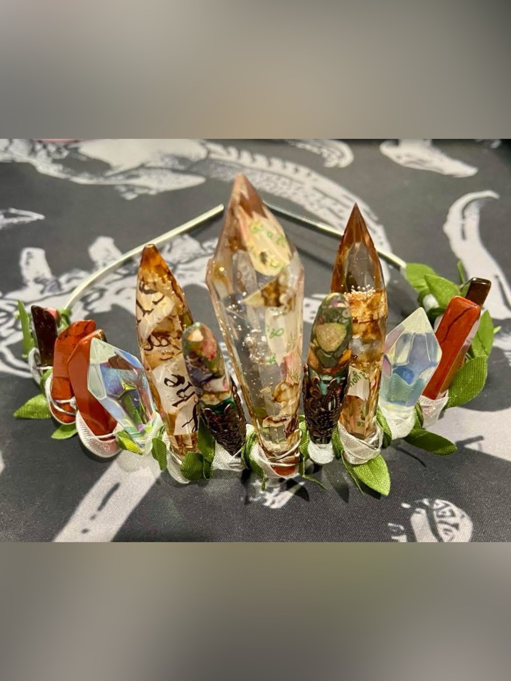 Handmade Resin Crystal Point Crown in Amber and Green